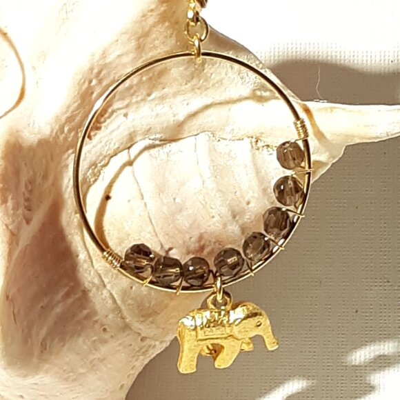 Gold tone Elephant Charms Hoop Earrings Chocolate Faceted Crystals - Picture 2 of 8
